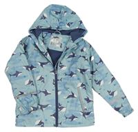Světlemodrá army nepromokavá jarní bunda s velrybami a žraloky a kapucí lupilu