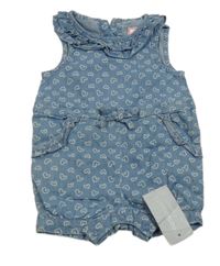 Nové - modrý lehký riflový kraťasový overal se srdíčky a mašlí a volánky early days