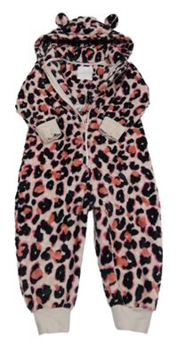 Světlerůžovo-černo-jahodovo-tmavorůžová vzorovaná plyšová kombinéza s kapucí s oušky Next