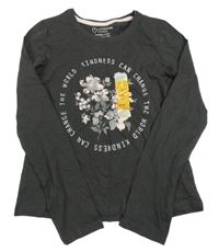 Nové - tmavošedé triko s kytičkami a nápisy PRIMARK