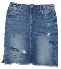 Modrá tepláková riflová sukně se včelkami a nápisy a ošoupaného vzhledu name it.