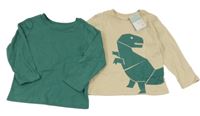Nové - 2x - Triko - Tmavozelené, béžové s dinosaurem PRIMARK