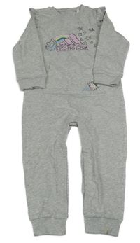 Světlešedá melírovaná tepláková kombinéza s duhou a hvězdičkami a kapsou a volánky Adidas