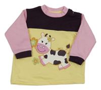 Žluto-lilkovo-růžová teplá mikina s kravičkou