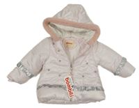 Nové - světlerůžová šusťáková zimní bunda s perlami a volánky a kapucí s kožešinou mini bombili