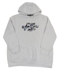 Bílá dlouhá teplá mikina s nápisy z překlápěcích flitrů a kapsou a kapucí Y.F.K.