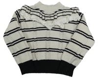 Smetanovo-černý pruhovaný žebrovaný vzorovaný úpletový crop svetr s volánky RIVER ISLAND