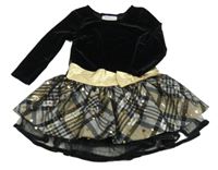 Černo-zlato-kárované sametovo/tylové šaty s mašlí a puntíky Bonnie Jean