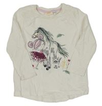 Bílé triko s dívkou s flitry a koníkem Kids