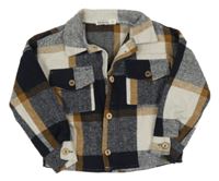 Tmavomodro-hnědo-bílá kostkovaná košilová bunda 