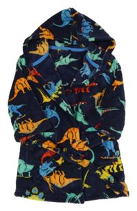 Tmavomodrý plyšový župan s dinosaury a kapucí