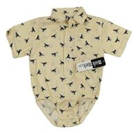 Bílo-žluté pruhované košilové body s dinosaury MickMack