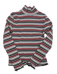 Bílo-černo-vínové pruhované žebrované triko se stojáčkem