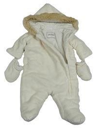 Smetanová chlupatá zateplená kombinéza s kapucí + rukavice