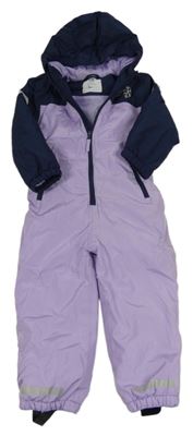 Lila-tmavomodrá šusťáková zimní kombinéza s nápisem a kapucí Kiki&Koko