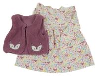 2set - Bílé květované šaty s liškami a volánky + vínová huňatá podšitá vesta Dunnes