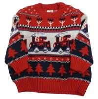 Červeno-bílo-tmavomodrý vzorovaný vlněný svetr s vláčky