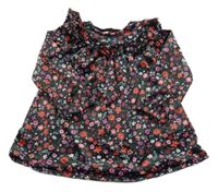 Černé květované plyšové šaty s volánem