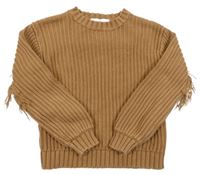 Hnědý žebrovaný svetr s třásněmi H&M