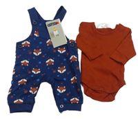 Nové - 2 set - hnědé body + tmavomodré laclové tepláky s liškami Ergee