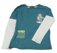 Zeleno-bílé triko s robotem Primark