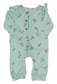 Světlemodrý žebrovaný květovaný overal s volánky 