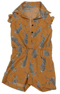 Hnědý lehký kraťasový overal s leopardy