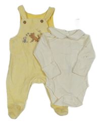 Nové - 2 set - smetanové body s límečkem + žluté sametové pruhované dupačky s Púem M&S