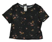 Černé květované síťované crop tričko New Look