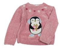 Růžový žinylkový svetr s tučňákem Primark