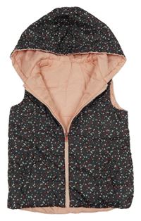 Antracitovo-barevná vzorovaná šusťáková zateplená vesta s kapucí Topolino