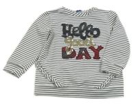 Černo-bílá pruhovaná mikina s volánky a nápisem Mayoral