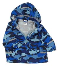 Modro-černá vzorovaná šusťáková jarní bunda se žraloky a kapucí Pocopiano