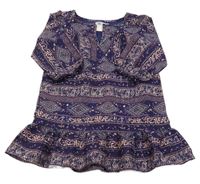 Tmavomodro-mahagonovo-růžové vzorované šifonové šaty bpc