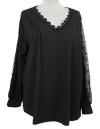 Dámské černé triko s krajkovými rukávy Shein 