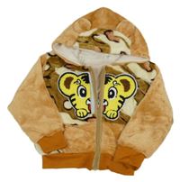 Hnědo-smetanovo-oranžová chlupatá podšitá propínací mikina s tygrem a kapucí 