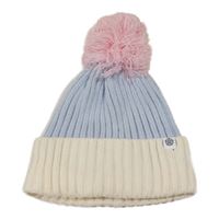 Světlemodro-bílá pletená čepice s růžovou bambulí 