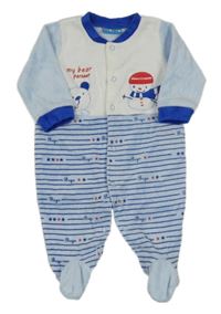 Bílo-světlemodrý sametový overal s medvídky