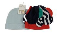 Nové - 2x - Tmavomodo-pruhovaná sametová + světlemodrá pletená čepice Mothercare