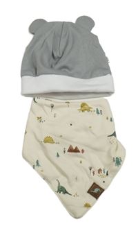 2set - Šedo-bílá čepice + smetanový slinták s dinosaury