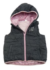 Šedo-růžová šusťáková zateplená vesta s nápisem a kapucí Lupilu