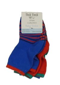 Nové - 3x - Modré + zelené + červené ponožky s proužky Tick Tock vel. 19-22