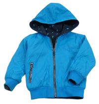 Tyrkysová/tmavomodrá šusťáková oboustraná jarní bunda s kapucí 