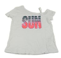 Bílé tričko s nápisem z flitrů a jedním rukávem C&A