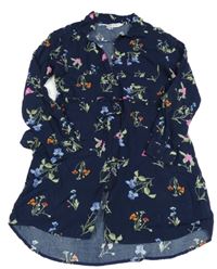 Tmavomodré lehké propínací šaty s květy H&M