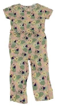 Světlerůžový květovaný letní kalhotový culottes overal s tukany Lily & Dan