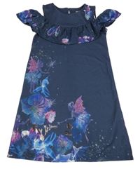 Tmavomodré šaty s květy a volnými rameny Next
