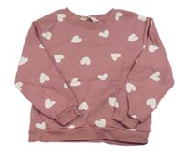 Starorůžová mikina s bílými srdíčky zn. H&M