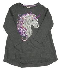 Tmavošedá melírovaná tepláková tunika s jednorožcem z flitrů Monsoon