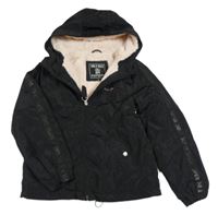 Černý šusťákový zateplený bomber s nápisy a pruhem a kapucí C&A